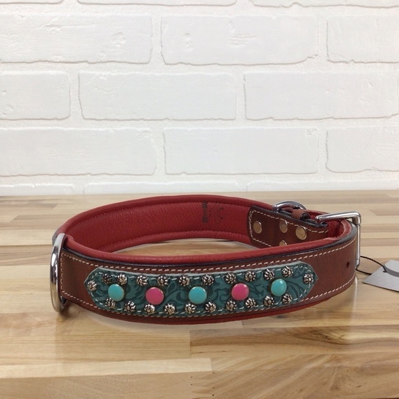 Mad Cow genuine leather jewelry dog collar handmade red pink turquoise studded - Picture 1 of 14